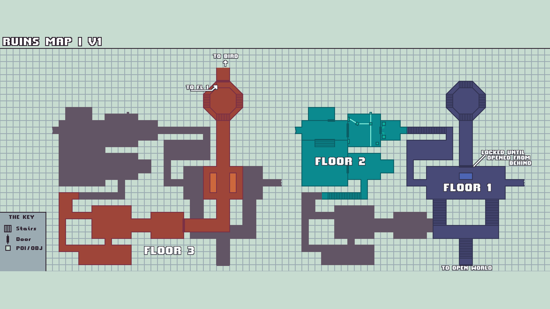 Initial Ruins sketch in Aseprite, two-layer overlap layout