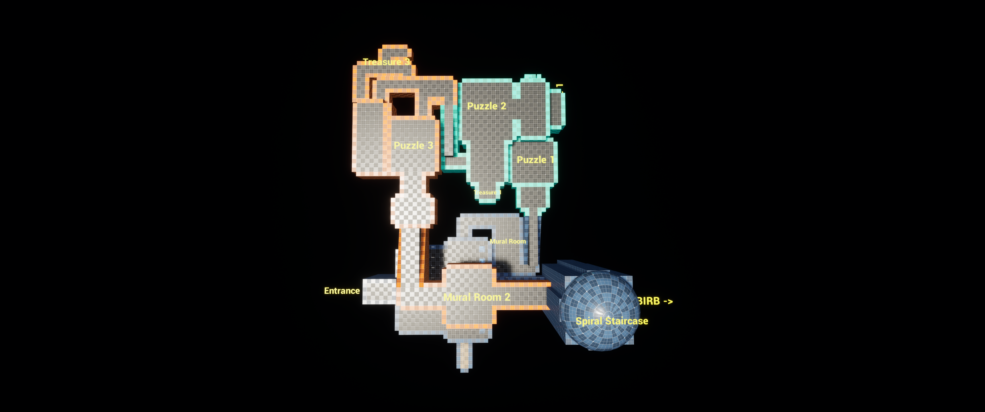 Ruins blockout overview, grey-box geometry