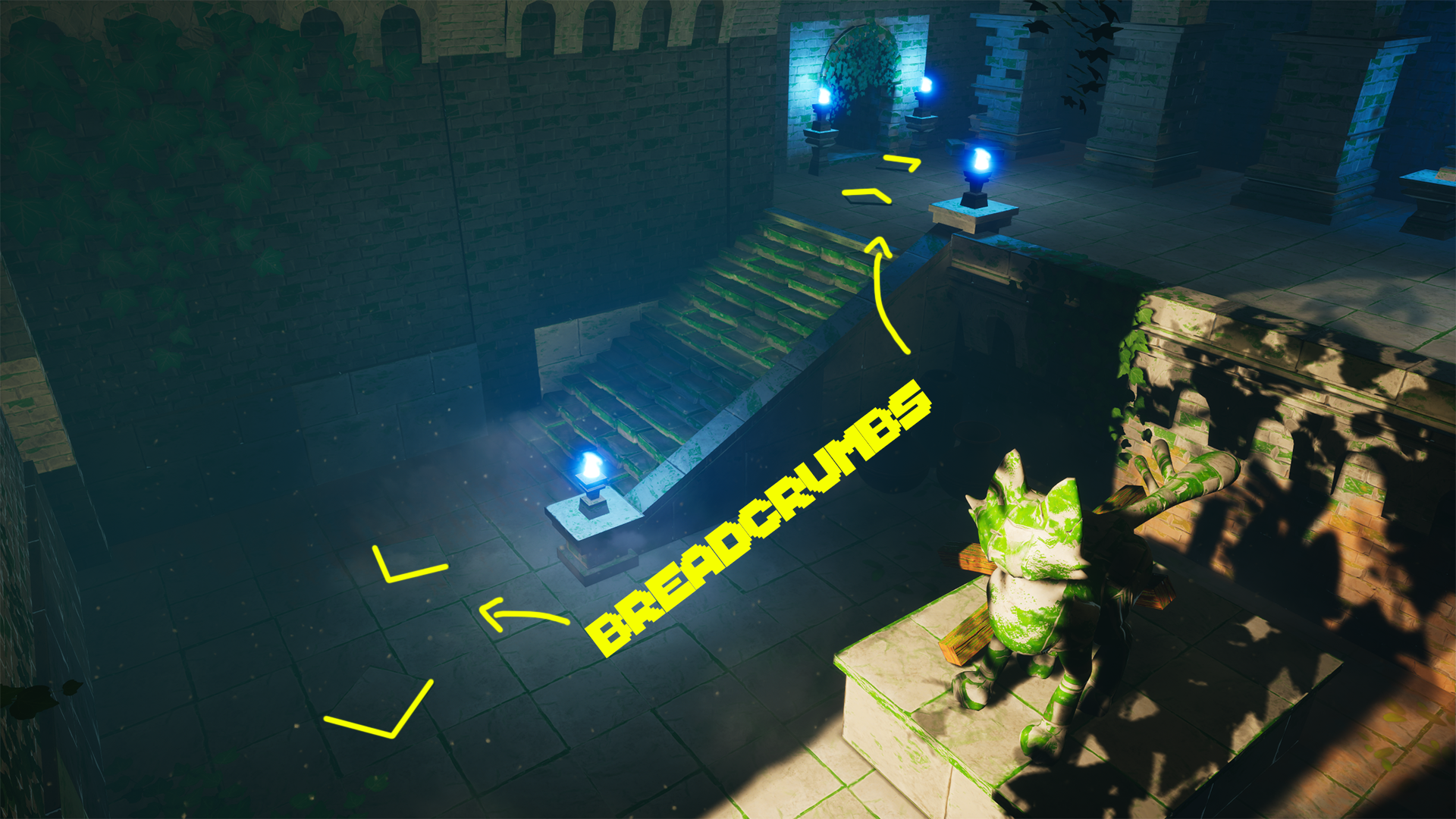 Breadcrumb props and lighting marking the intended route