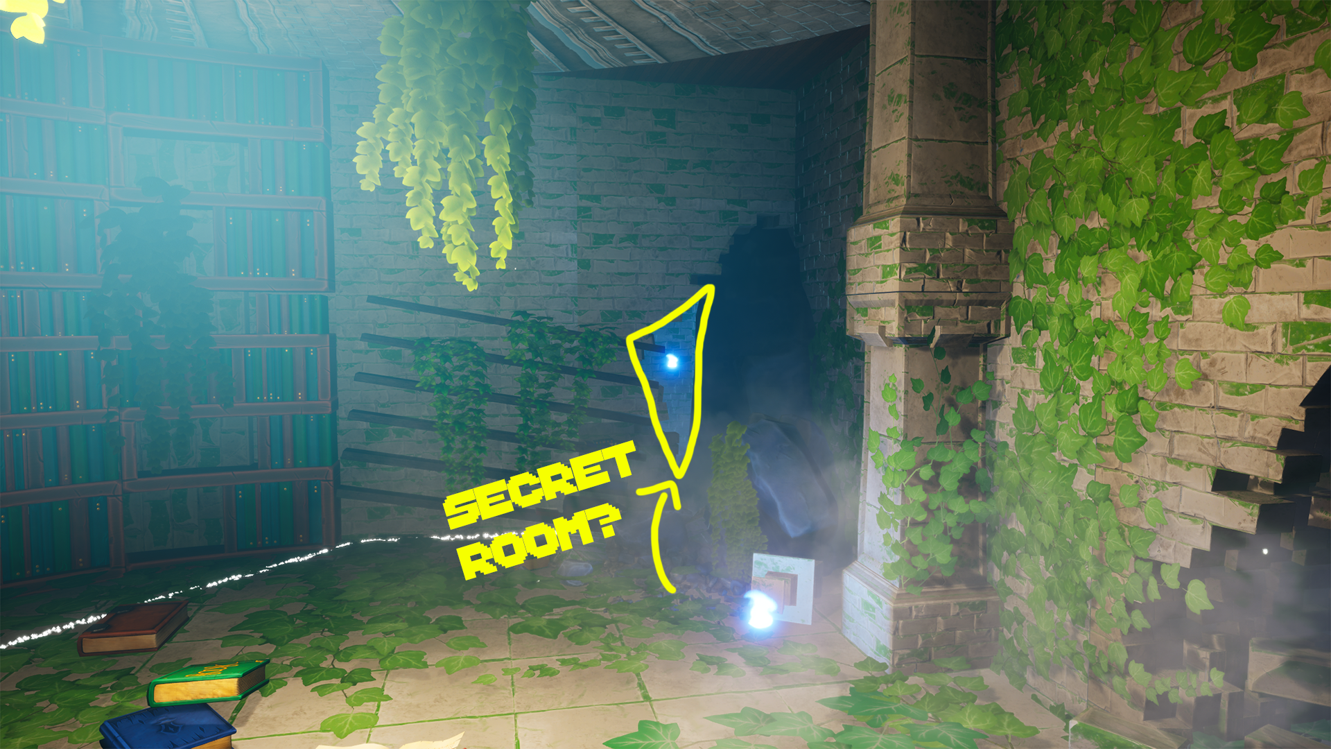 Secret passage hinted at by a gap in the ruin wall