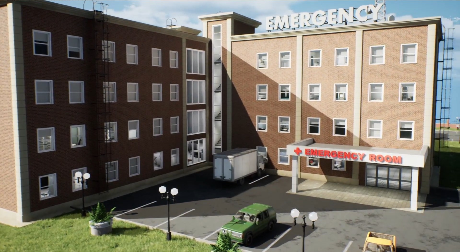 KPMG cinematic still: hospital exterior with the emergency room entrance, in Unreal Engine 5