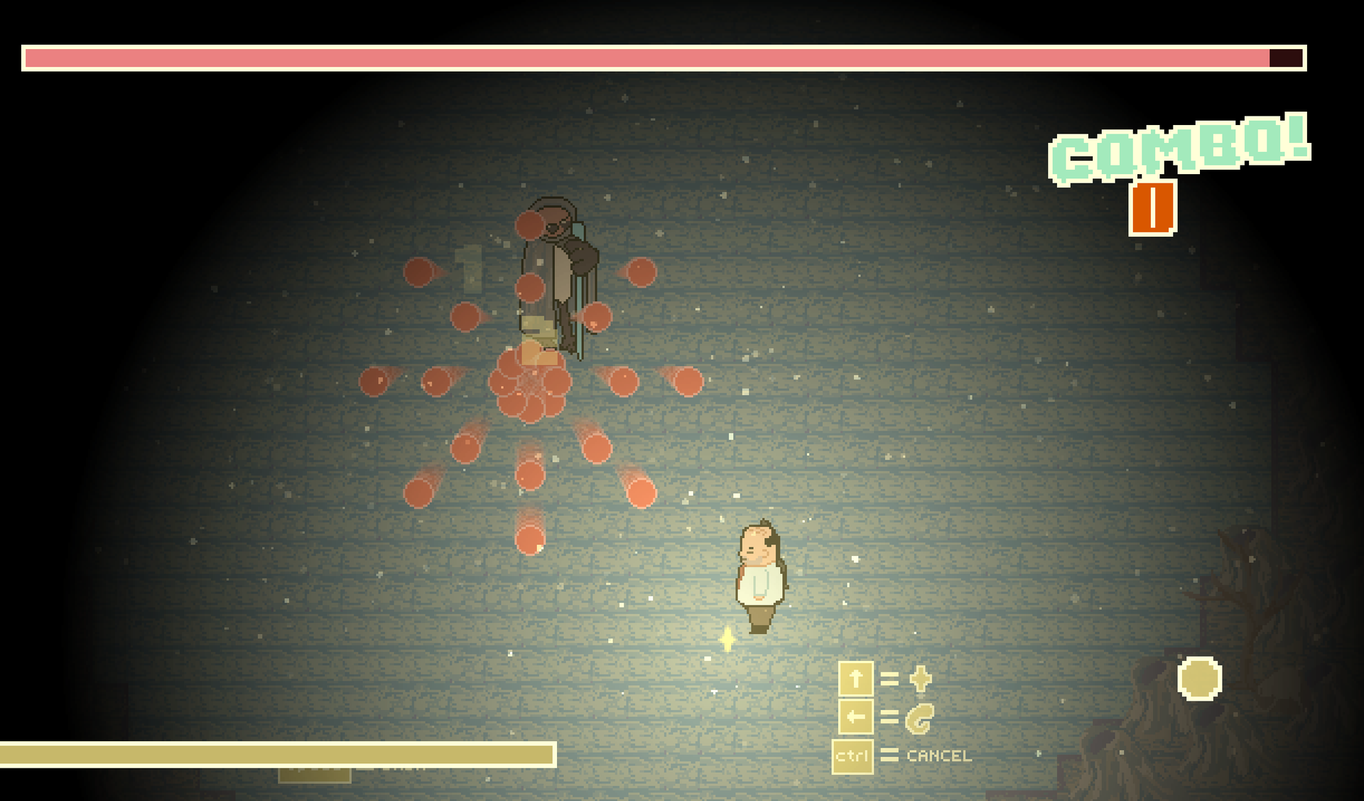 Cat-Tastic combat: a ring of red bullets around the boss while the rhythm prompts and combo counter run on the same screen