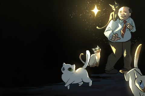 Cat-Tastic key art: Mr. Dubois surrounded by cats in the dark