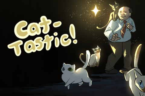 Cat-Tastic key art: Mr. Dubois and his cats in the dark