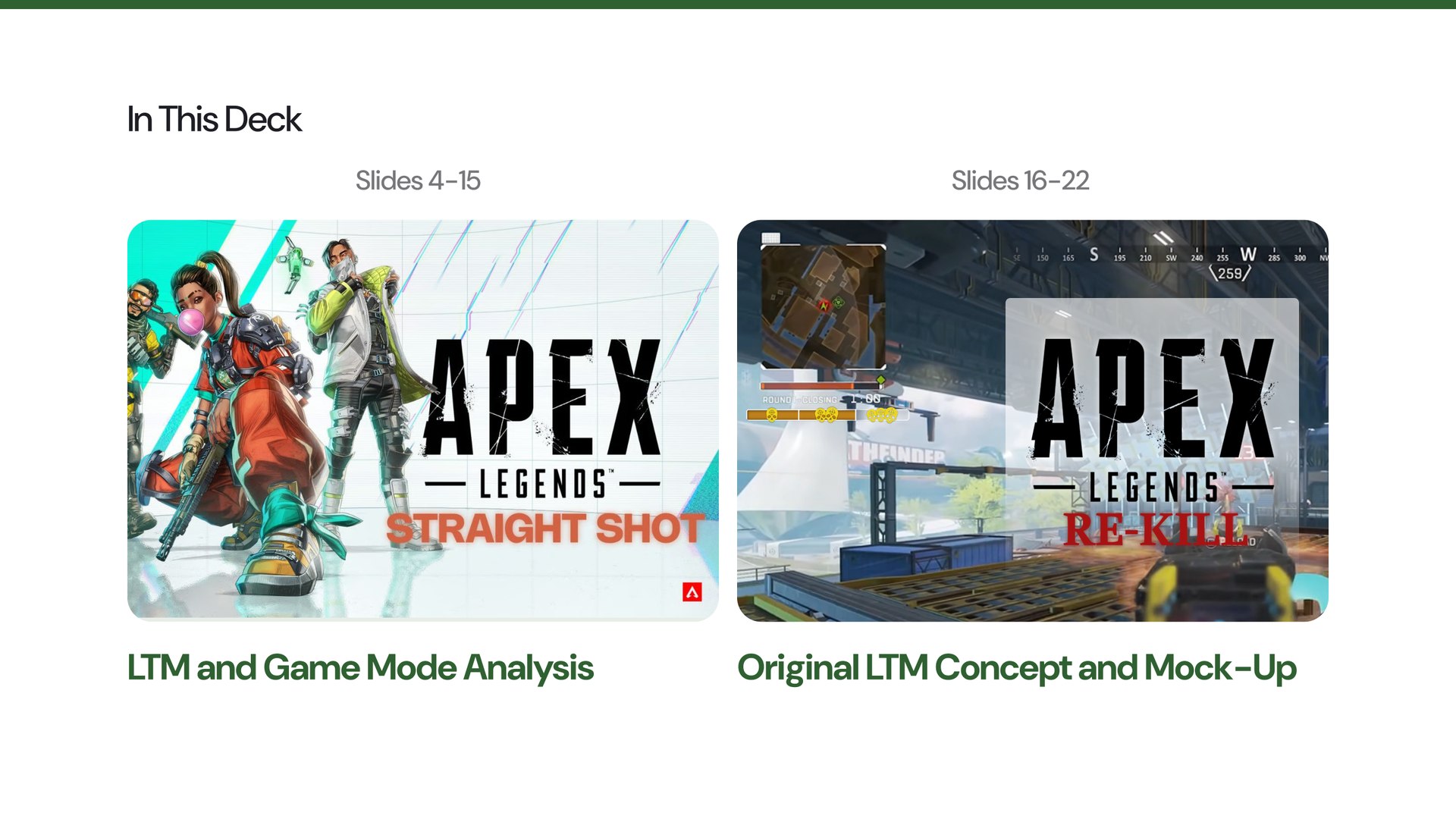 Slide 3: In this deck: LTM and game mode analysis (slides 4-15), and the original LTM concept Re-Kill (slides 16-22)
