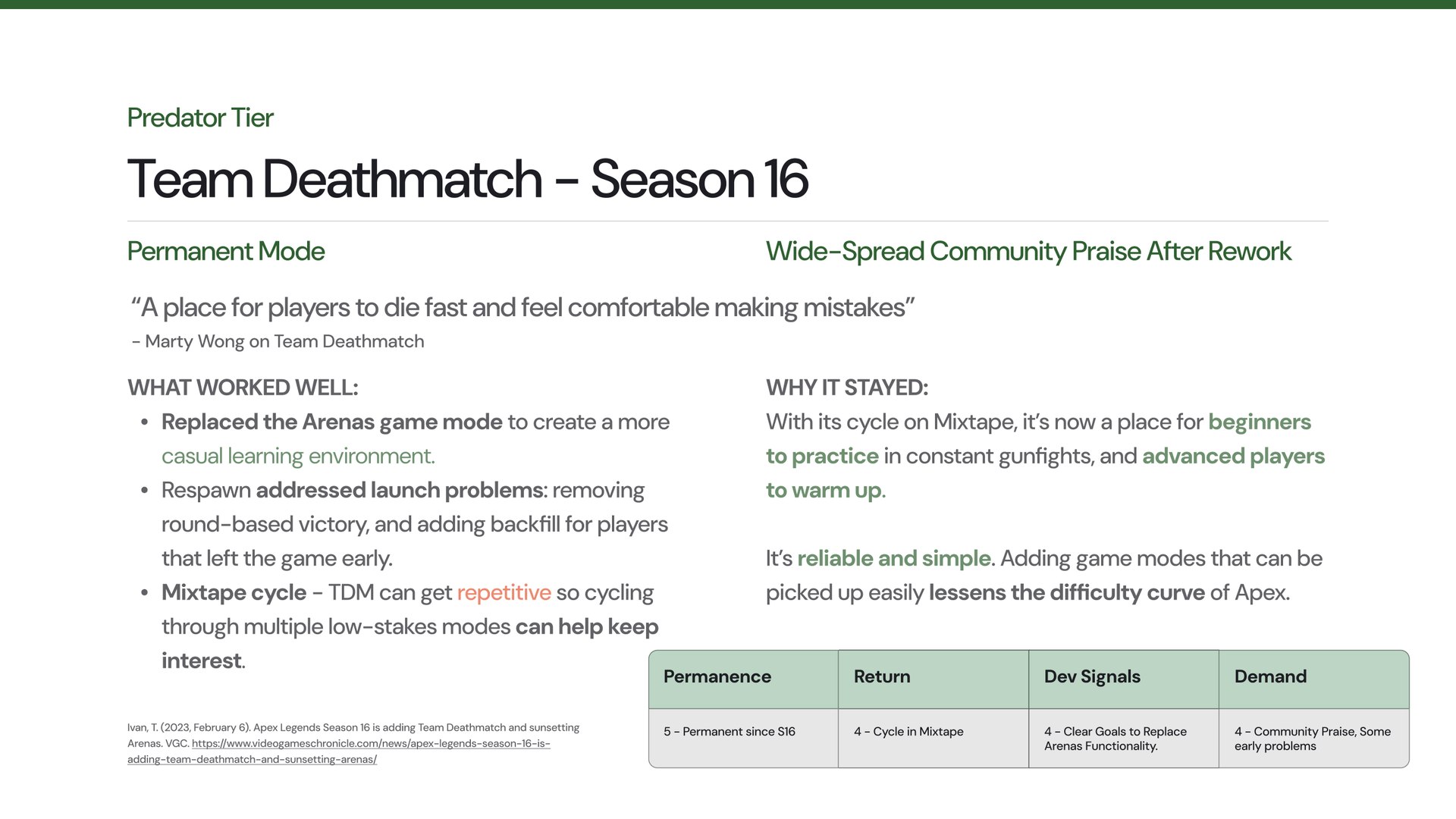 Slide 14: Predator tier: Team Deathmatch, Season 16. Permanent casual learning space after its rework