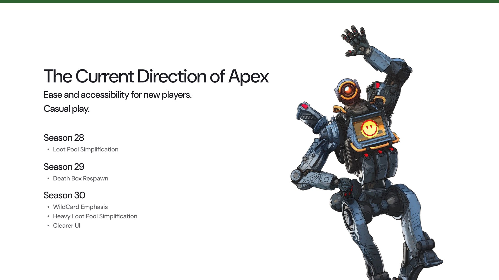 Slide 15: The current direction of Apex: ease and accessibility for new players, and casual play, across Seasons 28 to 30