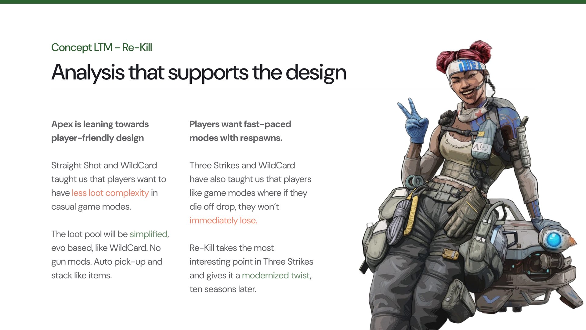Slide 18: Analysis that supports the design: simplified evo-based loot, and fast-paced modes with respawns