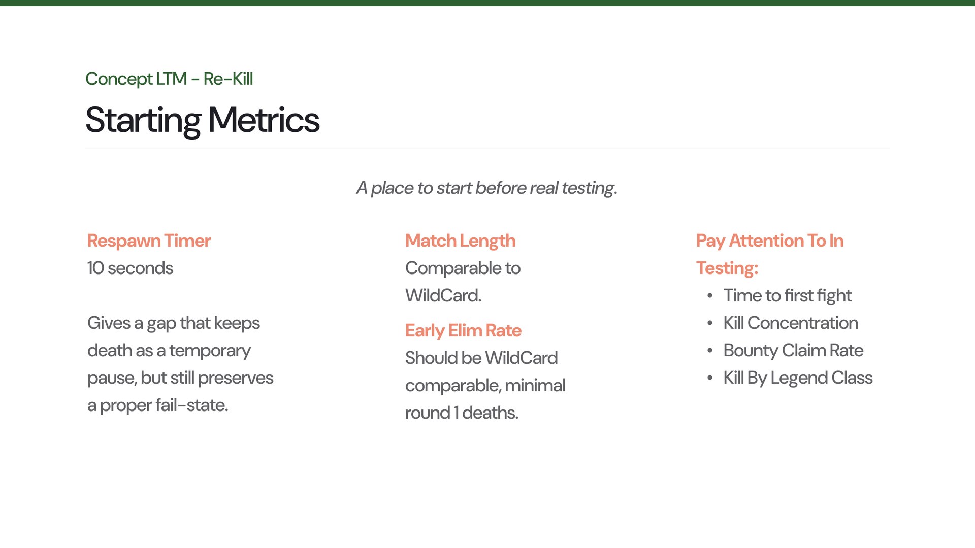 Slide 20: Starting metrics: 10 second respawn timer, WildCard-comparable match length and early elimination rate, and what to watch in testing