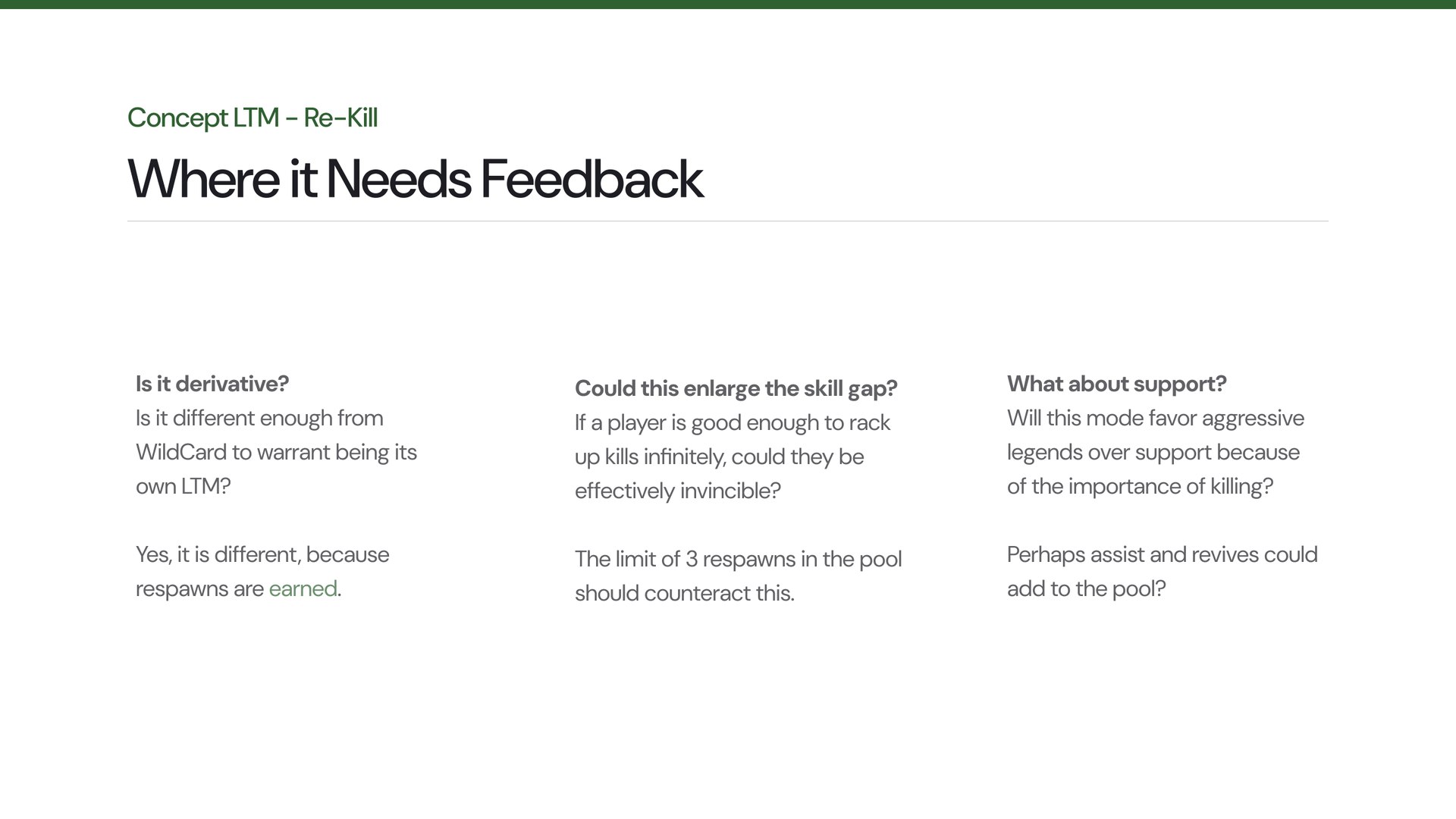 Slide 21: Where it needs feedback: is it derivative of WildCard, could it widen the skill gap, and does it favour aggressive legends over support