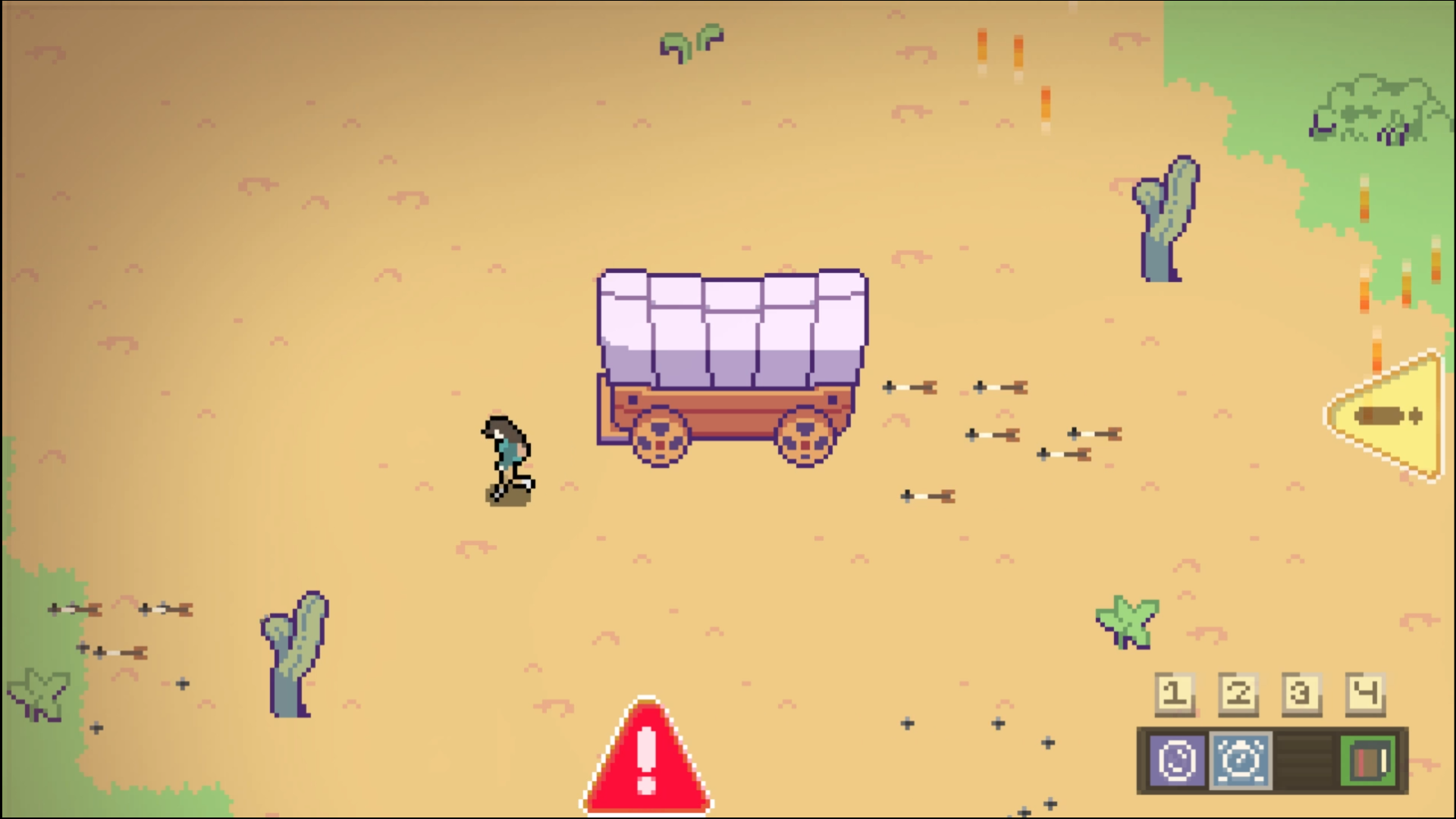 PHASE top-down desert level with a covered wagon and arrow volleys