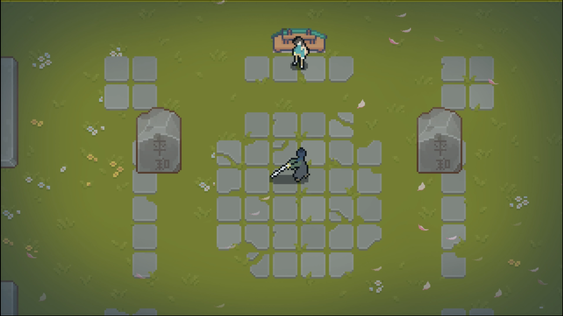 PHASE graveyard encounter on a tiled path between headstones