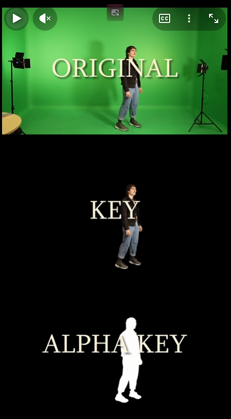 Greenscreen breakdown: the original footage, the keyed result, and the alpha key