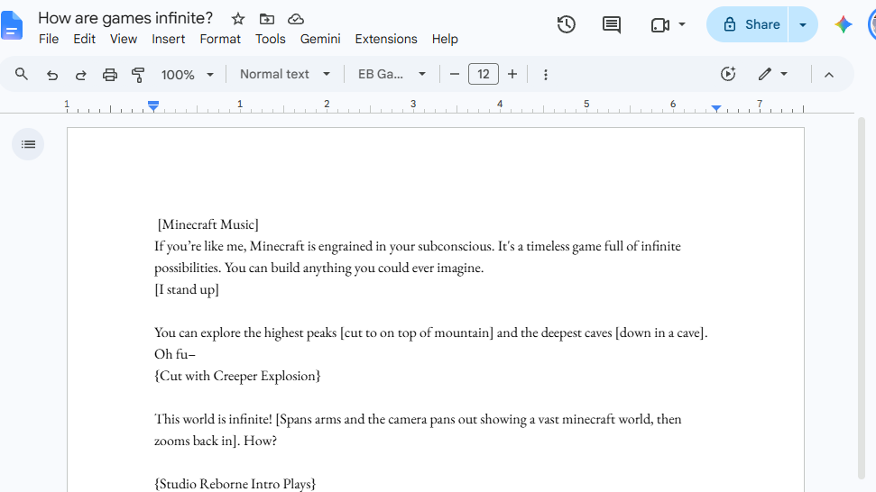 Opening of the How are games infinite? script in Google Docs, with staging and cut notes in brackets