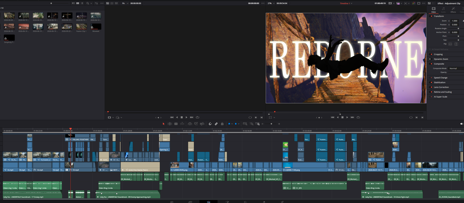 DaVinci Resolve edit timeline with the REBORNE title card in the viewer