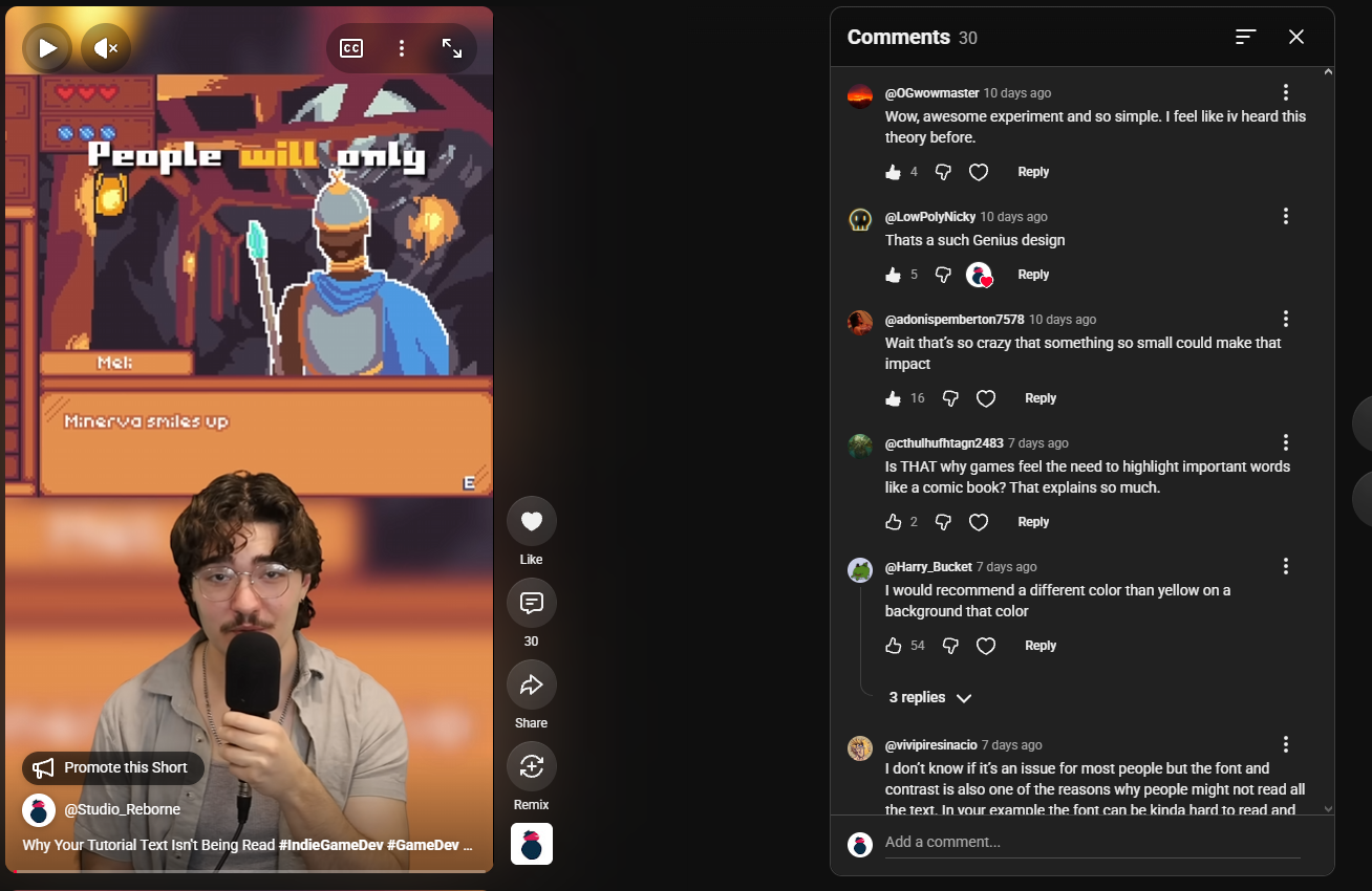 Viewer comments discussing the design lesson in the Why Your Tutorial Text Isn't Being Read Short