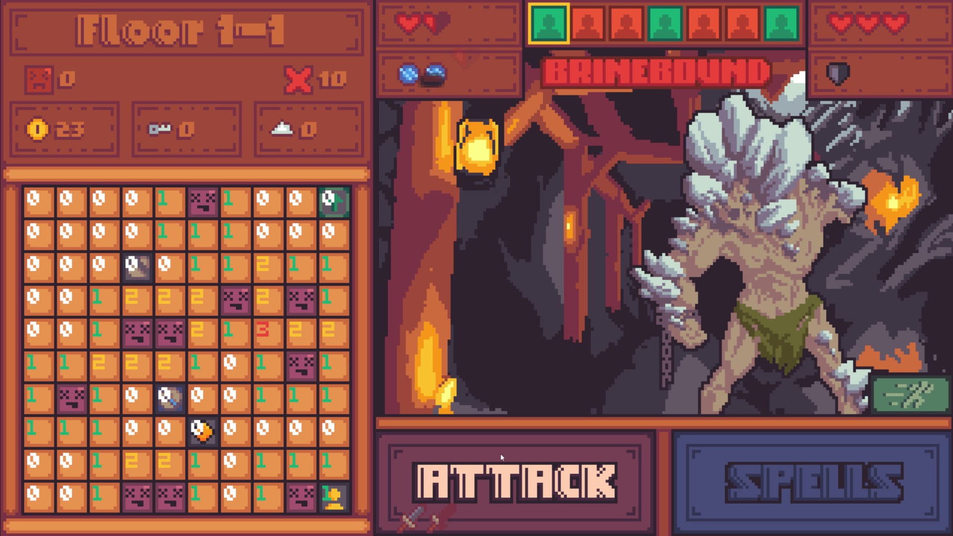 Salt Sweeper combat against the Brinebound, with the Attack and Spells options beside the minesweeper board