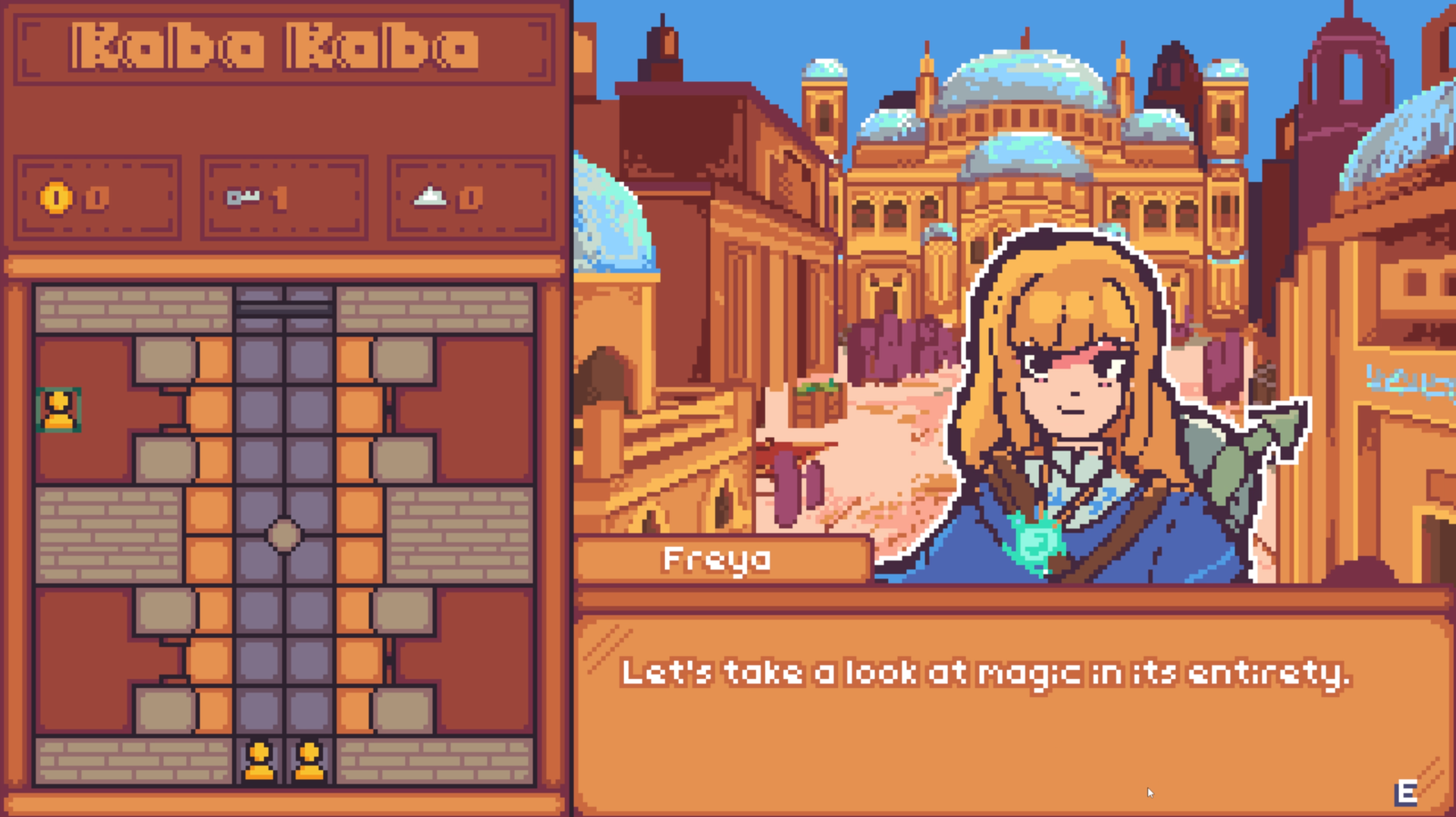 Freya talking to the player in the town of Kaba Kaba