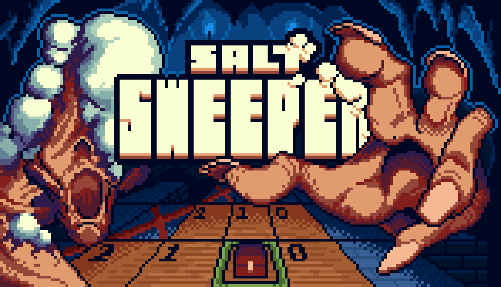 Salt Sweeper title art: a giant hand reaching over a minesweeper board in a salt cave