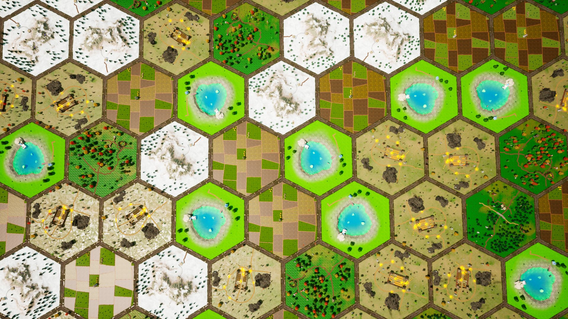 Procedurally generated hex world with snow, farmland, forest, lake, and village tiles