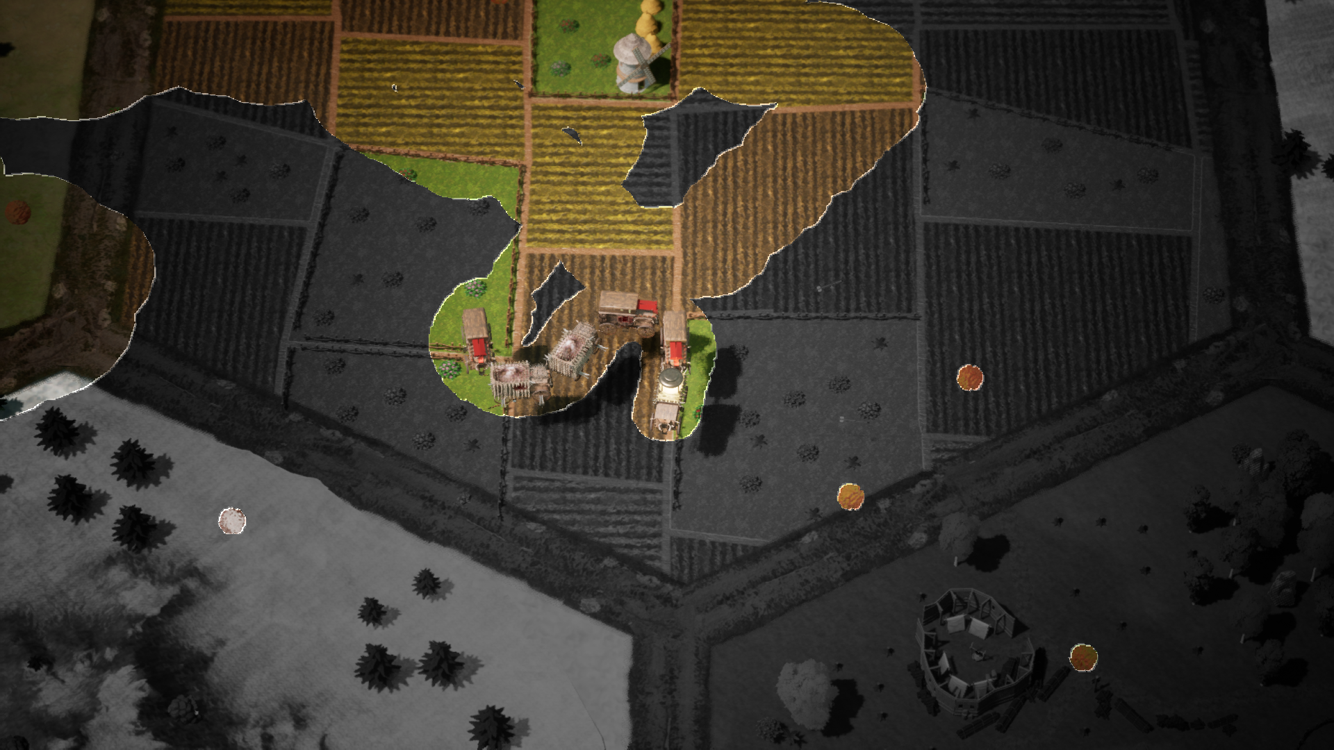 Undisclosed roguelike: wagon convoy restoring color to a desaturated hex world